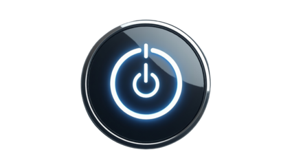 Glowing blue power button icon rendered in 3d with a metallic bezel on a solid for digital interface design