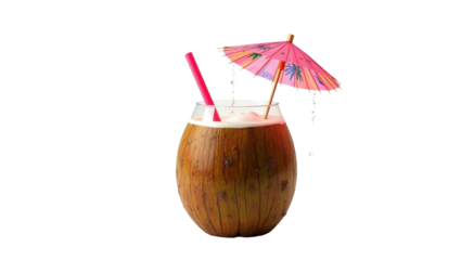 Refreshing tropical coconut cocktail served in a natural husk glass complete with a pink straw and festive paper umbrella garnish