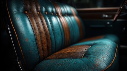 Obraz premium Classic car interior features worn leather seat with blue and brown colors in vintage style