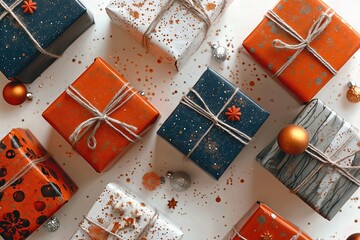 Wrapped gift boxes on white background.