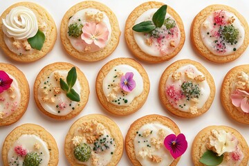 Small decorated desserts on light background.
