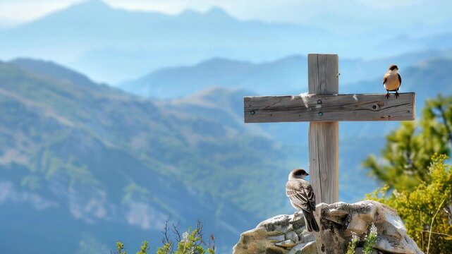 Video A bird perches on top of a wooden cross, conveying a sense of serenity and contemplation