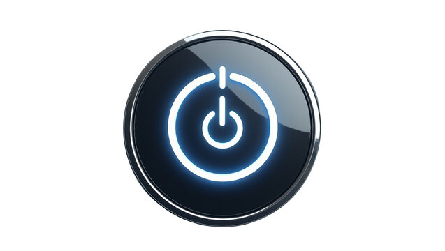 Glowing blue power button icon rendered in 3d with a metallic bezel on a solid for digital interface design