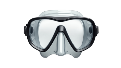 Close up view of a professional black and clear diving mask on a stark ready for underwater exploration and adventure