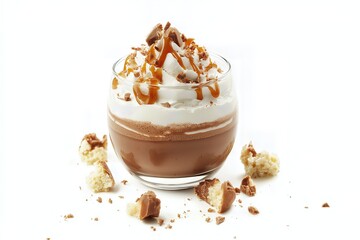 Cream dessert with caramel isolated on white background.