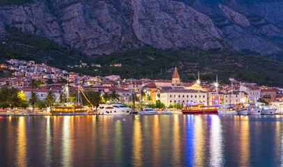 Evening in Makarska at sunset on adriatic sea in Croatia, Makarska riviera,Croatia