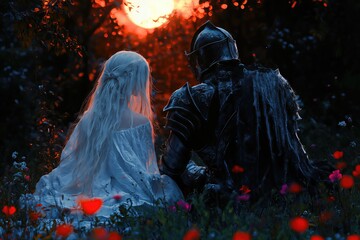 Couple sitting together in fantasy night scene.