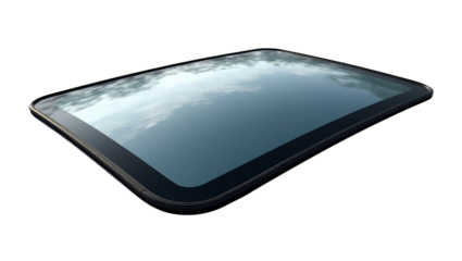 Sleek black digital tablet device with a reflective screen displaying a subtle cloud pattern