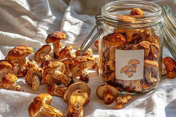 Dried mushrooms in glass jar.