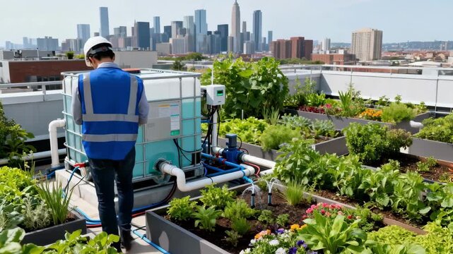 Engineer monitoring advanced rainwater harvesting system on rooftop garden to conserve water resources in urban environment.
