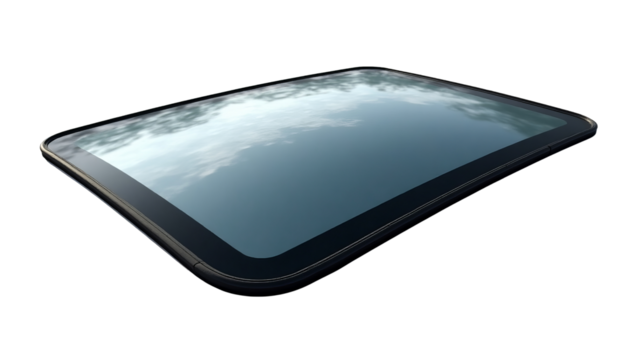 Sleek black digital tablet device with a reflective screen displaying a subtle cloud pattern - Powered by Adobe