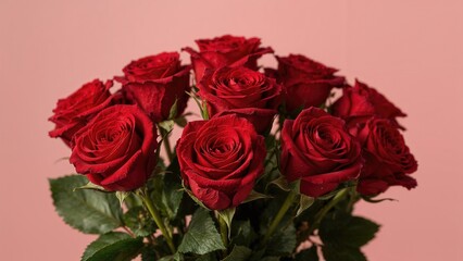 A bouquet of red roses with green leaves against a pink background.