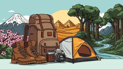 This vibrant illustration showcases essential gear for global travel and outdoor adventures, featuring iconic landmarks and diverse natural landscapes.