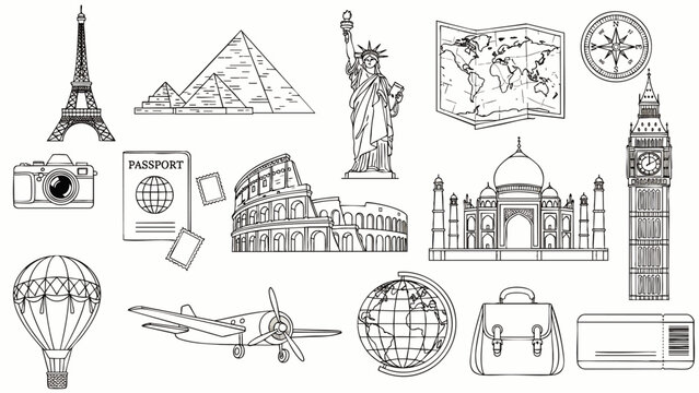 This intricate line art illustration set showcases famous international landmarks and essential travel items, perfect for global adventures, vacations, and cultural exploration designs.