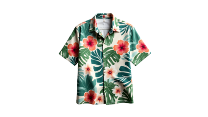 Vibrant tropical aloha shirt featuring bold red hibiscus flowers and lush green monstera leaves on a light background