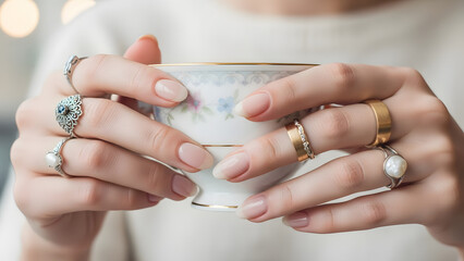Elegant Woman Holding a Vintage Floral Teacup — Calm Morning Routine, Slow Living and Peaceful Tea Lifestyle