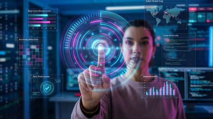 Woman Activating Cyber Threat Defense Interface