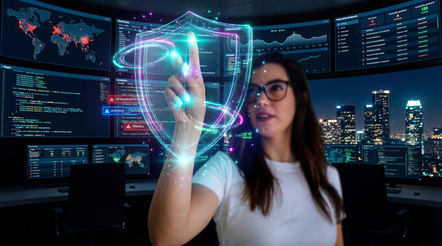 Cyber Defense Visualized as a Digital Shield Guided by a Woman Analyst - Powered by Adobe