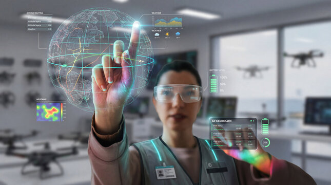 Global Drone Routing Directed by a Woman Operator in Augmented Reality