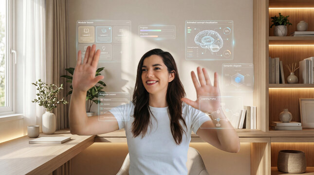 Woman Using Interactive Digital Learning Interface at Home