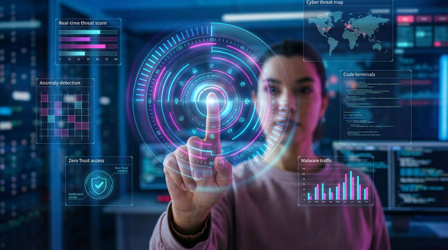 Woman Activating Cyber Threat Defense Interface