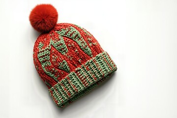 Knitted winter hat with pom pom isolated on white background.