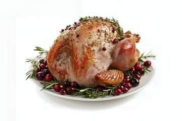 Roasted turkey on plate isolated on white background.