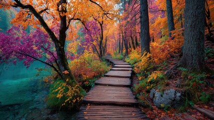 Wooden pathway through colorful trees in a vibrant forest during daytime in autumn season