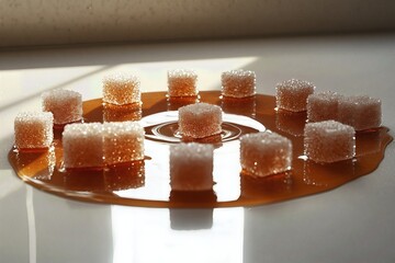 Sugar cubes in caramel syrup close-up.