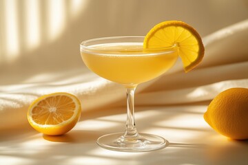 Lemon cocktail in martini glass on light background.