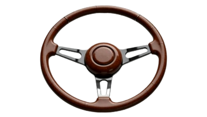 Classic wooden steering wheel with polished metal spokes for automotive restoration projects