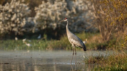 Fototapeta premium A crane standing in water with blooming trees in the background. Nature and wildlife, birds, and habitat. The concept of bird species and wetlands.