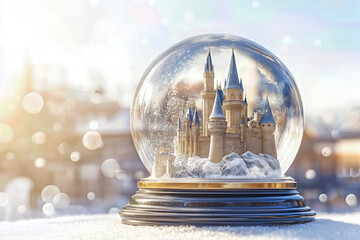 Castle inside snow globe on winter background.