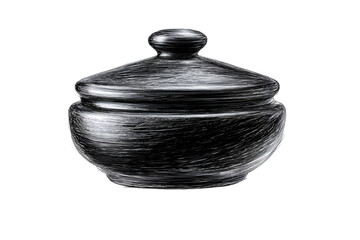 Illustration of black ceramic pot with lid on transparent background, kitchenware item