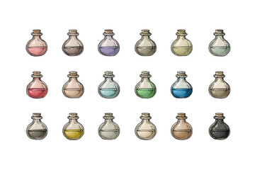 Illustration of collection of various colorful potions in glass bottles isolated on transparent background
