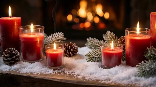 Row of red christmas candles burning on a snowy wooden mantel with a cozy fireplace. Festive holiday decoration in a panoramic sequence showing the passage of time
