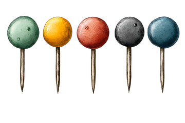 Illustration of colorful push pins with round heads in a row on transparent background