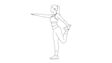 A simple line drawing depicts a woman stretching her leg in a fitness pose