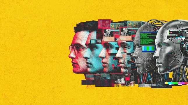 Transition of mans identity to artificial intelligence, with human faces gradually morphing into a robot face. Concept of digital transformation, virtual reality and human dependence on technology.