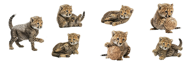 Cheetah Cub Acinonyx jubatus isolated on white background predator set animal playing ball lying down grooming feline mammal biology photography cutout graphic element high-resolution sharp focus © moqddam