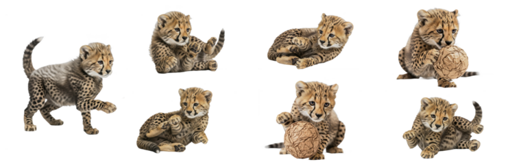 Cheetah Cub Acinonyx jubatus isolated on white background predator set animal playing ball lying down grooming feline mammal biology photography cutout graphic element high-resolution sharp focus