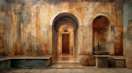 Fototapeta premium an interior with arches and a fresco style wall