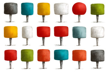 Illustration of collection of colorful drawer knobs with various handles and shades isolated on transparent background