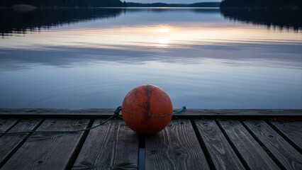 Orange fishing buoy rests on a wooden dock near the tranquil water at sunset