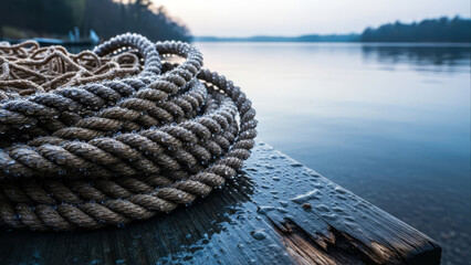 Fototapeta premium Thick coiled fishing net rope resting on a wet wooden surface beside tranquil water at dawn
