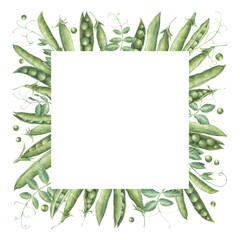 Obraz premium Square frame of green pea pods, leaf, sprouts and seeds. Watercolor illustration hand drawn and isolated on a white background. Perfect for postcards, invitations, posters, other polygraph, tableware