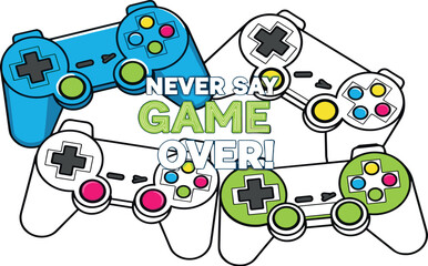 Fototapeta premium Dynamic illustration of various gaming controllers with a central inspiring message encouraging persistence, fun, and overcoming obstacles in every virtual adventure