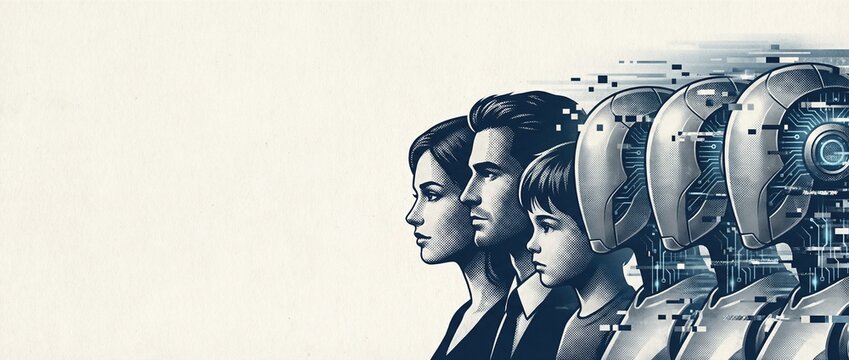 Woman, man, and child transforming into robots. Concept of human identity loss to artificial intelligence and technology addiction. Banner with copy space