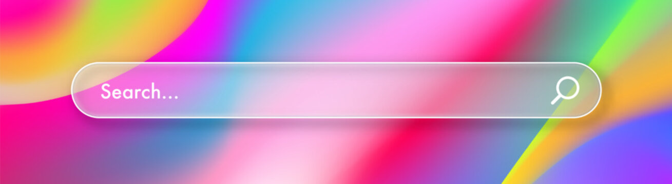 Search bar glassmorphism Internet browser engine on gradient backdrop for UI design, website interface element with web icons and push button