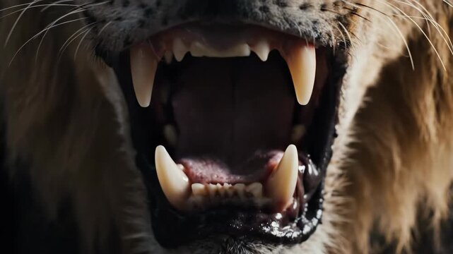 Close up extreme shot of a male lion showing its sharp teeth and open mouth roaring with intense expression and detailed fur texture dramatic lighting highlights fierce animal power in natural